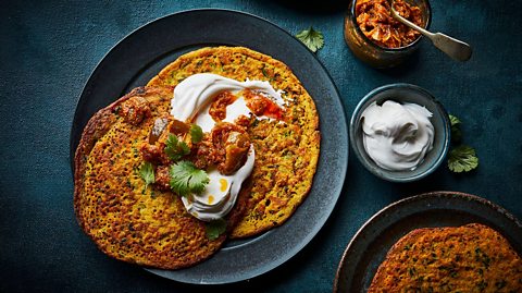 Red lentil pancakes are delicious with sweet or savoury toppings