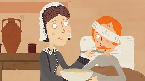 An image of Florence Nightingale feeding a patient.