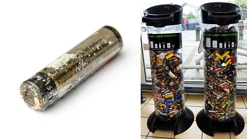 A leaking battery and a pair of battery recycling containers