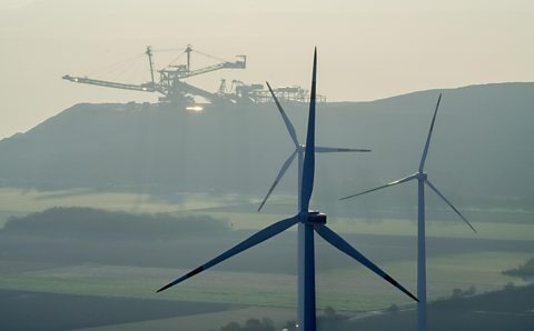 Wind turbines and lignite coal mines at Niederzier, Germany