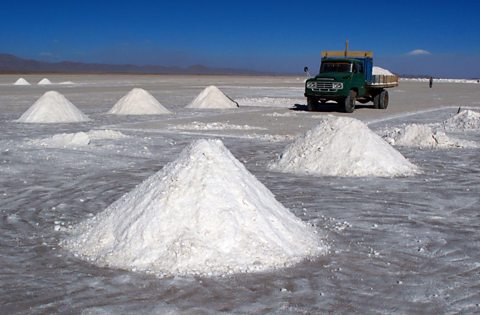 Lithium extraction, Bolivia. Lithium is an essential compound used in the manufacture of rechargeable batteries