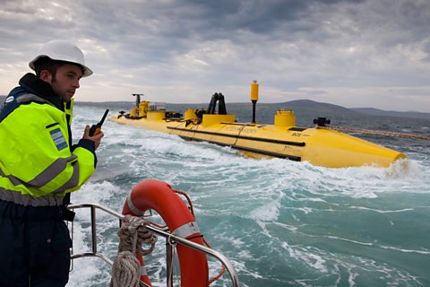  A floating tidal stream turbine being tested in Orkney, Scotland.