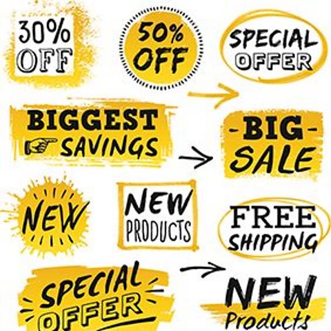 illustration of discount signs, including 30 percent off and big sale.