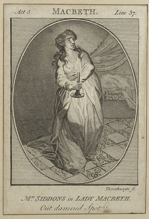 An etching of Sarah Siddons as Lady Macbeth, whole length, standing, walking away from her bed, holding a candle in front of her, looking upwards to the right, surrounded by an oval. On the border, there is the quote ‘Out dammned spot!’