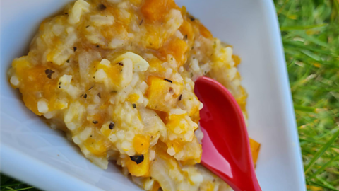 A bowl of butternut squash risotto in a white dish with red spoon