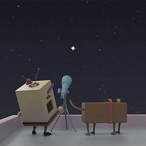 Illustration showing Cal, a computer like creature and his pet dog standing on a roof looking at the stars through a telescope.