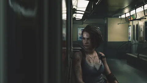 Leo Sang/Capcom This shot of bloodied Resident Evil 3 heroine Jill Valentine sat on a train carriage has echoes in the daily commute (Credit: Leo Sang/Capcom)