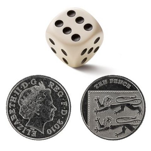 photograph of a dice showing a six and two ten pence coins, one heads and one tails.