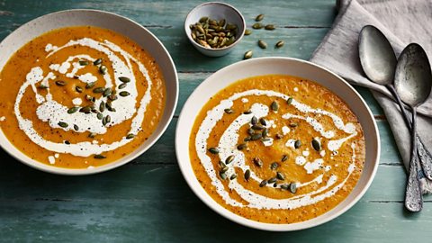 Pumpkin soup scattered with pumpkin seeds