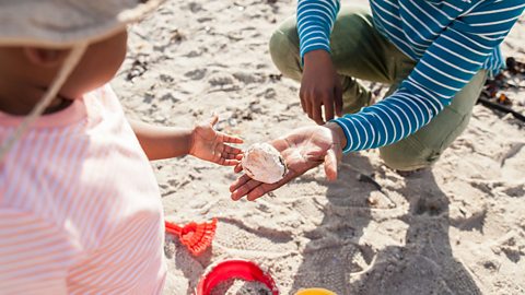 A mum handing a shell to a toddler on the beach.