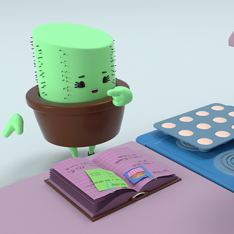 illustration showing Poly, a cactus like creature, looking at a recipe book beside a tray of buns.