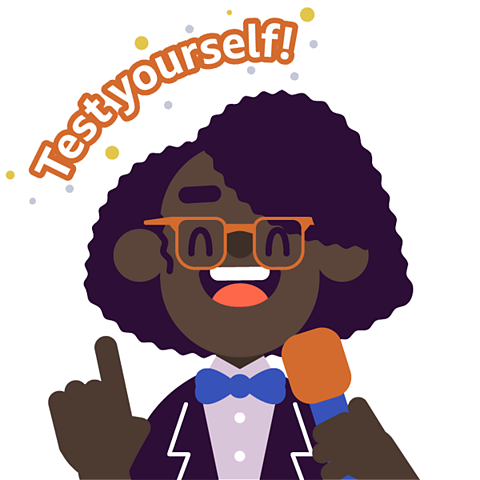 A smart looking student with a bowtie and a microphone. Caption reads 'test yourself!'