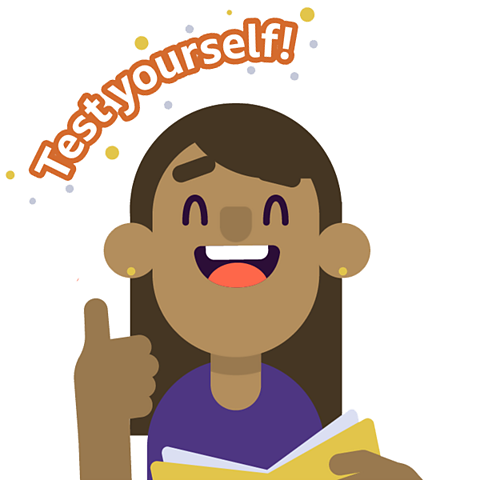 A student smiles and gives a thumbs up whilst holding a book. Caption reads 'test yourself!'