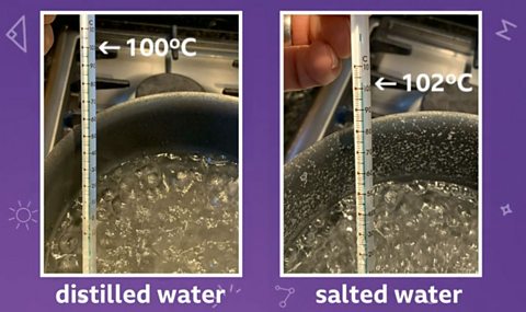 Two photos of water bubbling in a pan. The left photo shows bubbles labelled as distilled water, 100 degrees c, and the right photo shows bubbles labelled as salted water at 102 degrees c.