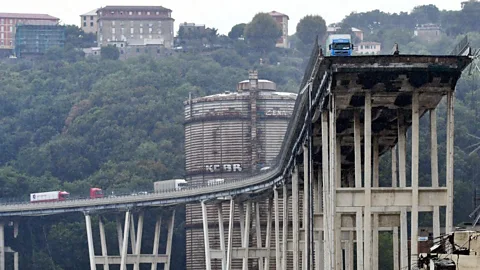 Valery Hache/Getty Images The slender concrete legs of a bridge in Italy that collapsed in 2018 (Credit: Valery Hache/Getty Images)