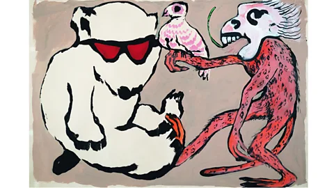 Paula Rego/private collection In her 1981 work Red Monkey Offers Bear a Poisoned Dove, Rego expresses the complexity of a love triangle (Credit: Paula Rego/private collection)