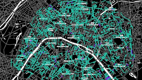 Social Dynamics/Nokia Bell Labs Of person-titled streets in Paris, male names (green) are more common than female (purple) (Credit: Social Dynamics/Nokia Bell Labs)