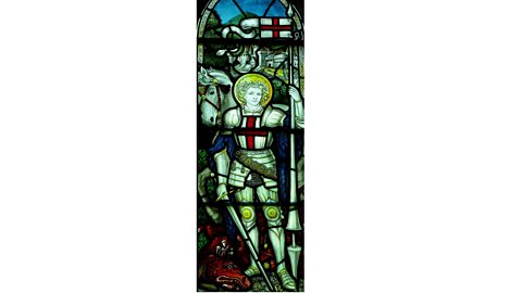 Focus image: A stained-glass window showing St George.