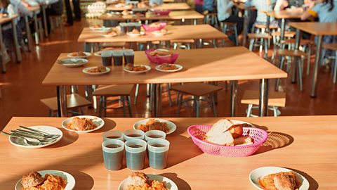 Plates and cups in a Russian school canteen