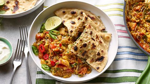 Click or tap to get Romy’s vegetarian recipes, including smoky aubergine curry with cauliflower parathas