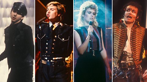 Photos of musicians Marc Almond (Soft Cell), Simon LeBon (Duran Duran), Kim Wilde and Adam Ant