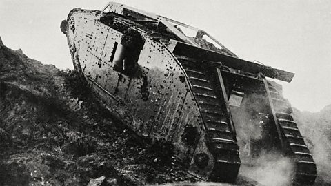 A British tank moving through the battlefield. 