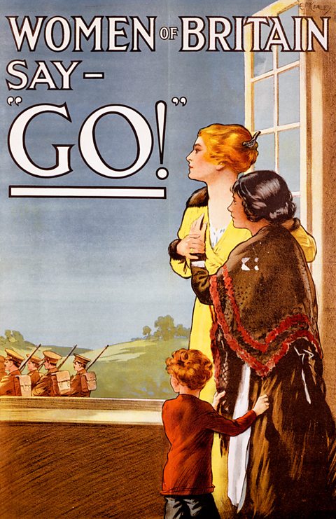 A World War One poster showing a woman and two children looking out of a window with the caption 'women of Britain say- GO!' 