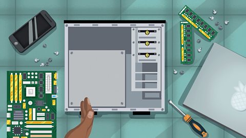 Illustration of electronics being repaired including a laptop and a mobile phone