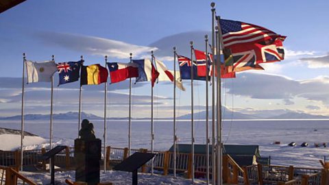 Flags of the original 12 nations who signed the International Antarctic Treaty: Argentina, Australia, Belgium, Chile, France, Japan, New Zealand, Norway, South Africa, United Kingdom, United States and USSR