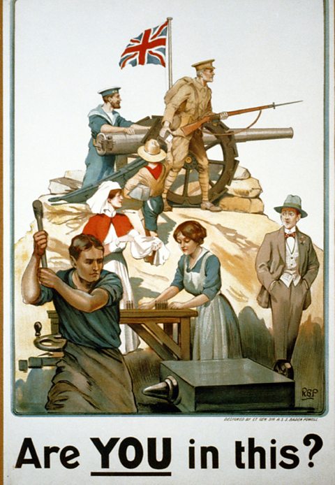 A poster, showing a soldier holding a rifle, a naval officer leaning on a large gun, and women in the forground working in munitions and as nurses with the Union flag behind them. 