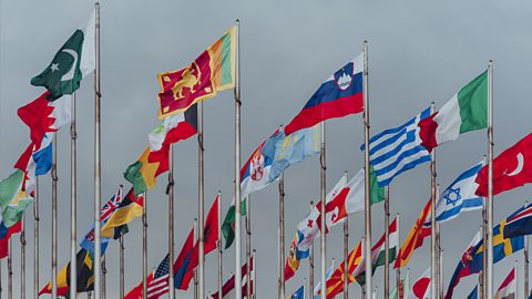 A variety of international flags.