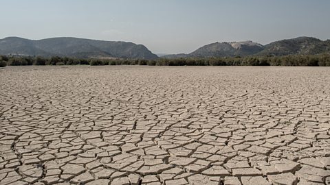 Dried cracked mud seen at the Valdeinfierno in Zarcilla de Ramos, Spain.