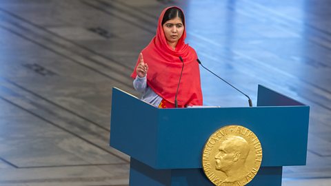 Malala Yousafzai delivers her acceptance speech during the Nobel Peace Prize ceremony at Oslo City Town Hall.