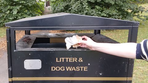 A hand puts rubbish into a general public bin