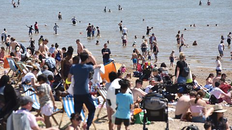 People on the beach and in the sea in a heatwave