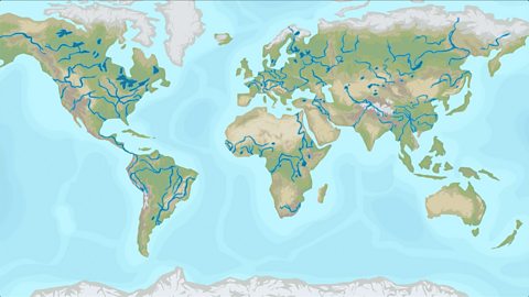 An illustrated map of the world showing its main rivers and tributaries