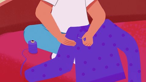 Illustration of sewing up a hole in a jumper