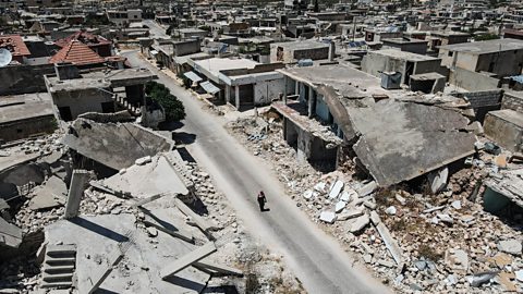 An aerial view showing damage of Syrian civil war in Idlib.