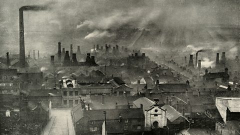 'A Factoryscape in the Potteries' (1938). Image of smoke from chimneys in the industrial area known as the Staffordshire Potteries, Stoke-on-Trent.