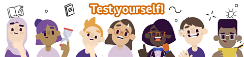 A group of students showing various emotions including happiness, confusion, worry and concentration. Caption reads 'test yourself'.