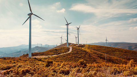 Wind turbines in the UK countryside.