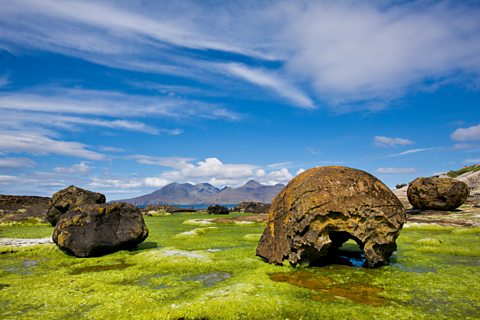 Four giant erratic boulders on green grass with mountain range in the background