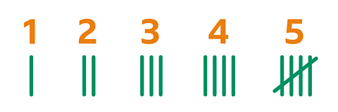 A tally chart showing the figures 1 to 5 at the top and the corresponding tally marks underneath each number