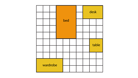 A floor plan divided into squares showing the new position of a bed, desk, table and wardrobe