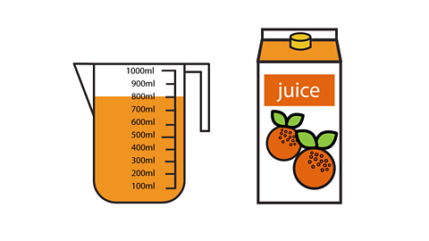 A measuring jug with 800ml of juice and a carton of orange juice