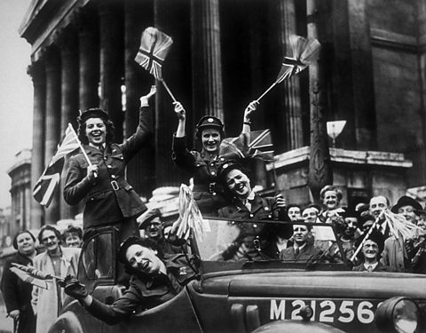 Members of the Auxiliary Territorial Service, driving through Trafalgar Square on VE day.