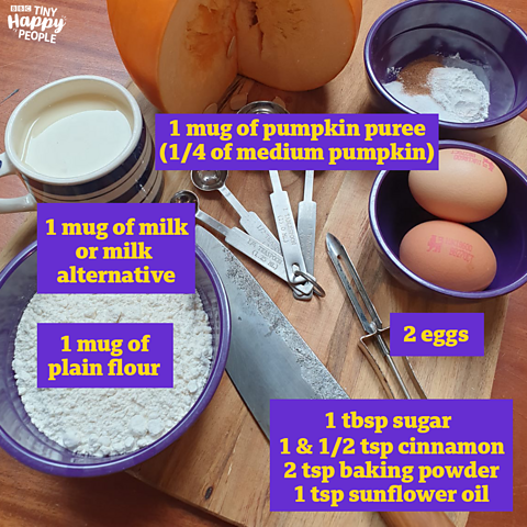 An image showcasing the ingredients needed to make pumpkin pancakes alongside purpled labels with yellow text.