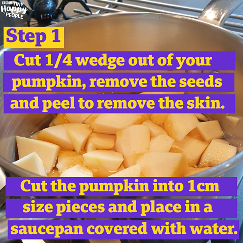 An image of chopped up pumpkin with text detailing the instructions for step one of the pumpkin pancake recipe, with purple labels and yellow text.