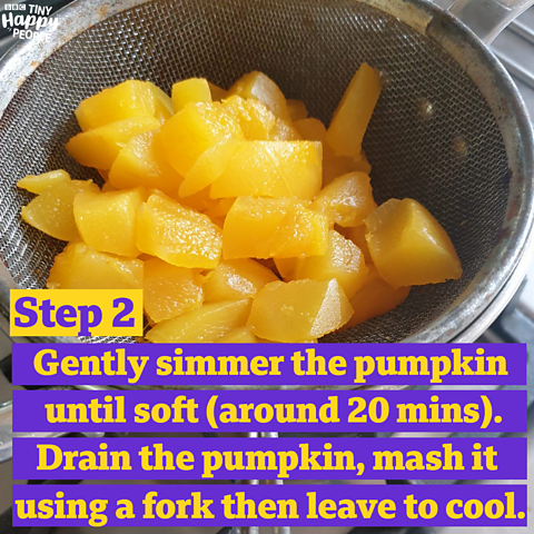 Image of pumpkin with text instructions overlaid, using purple boxes and yellow text.