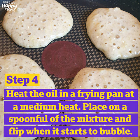 Image of pancakes frying in a pan with step 4 instructions of pumpkin pancake recipe overlaid with a purple box and yellow text.